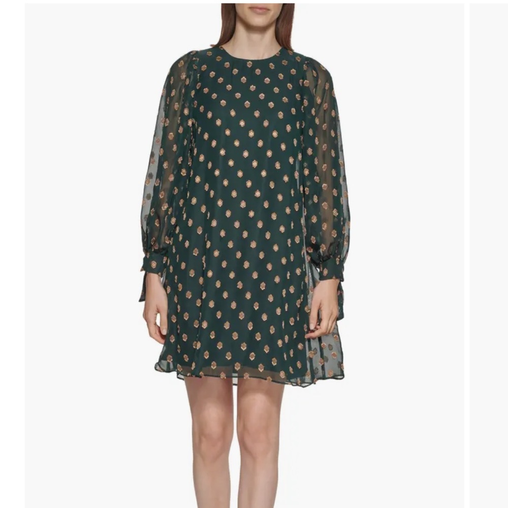 New Calvin Klein Long Sleeve Clip Dot Chiffon Trapeze Dress